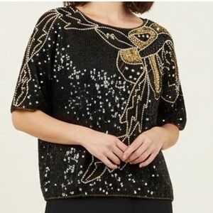 Vintage Joseph Le Bon Black Sequin & Beaded Silk Top (80s/90s)‎ Party Cocktail